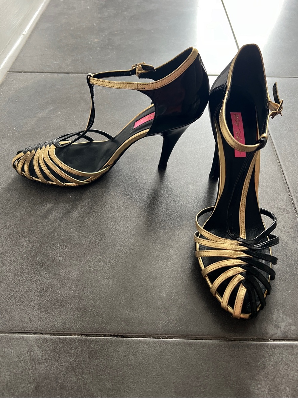 Betsey Johnson Black and Gold T-Stap Stiletto Heels